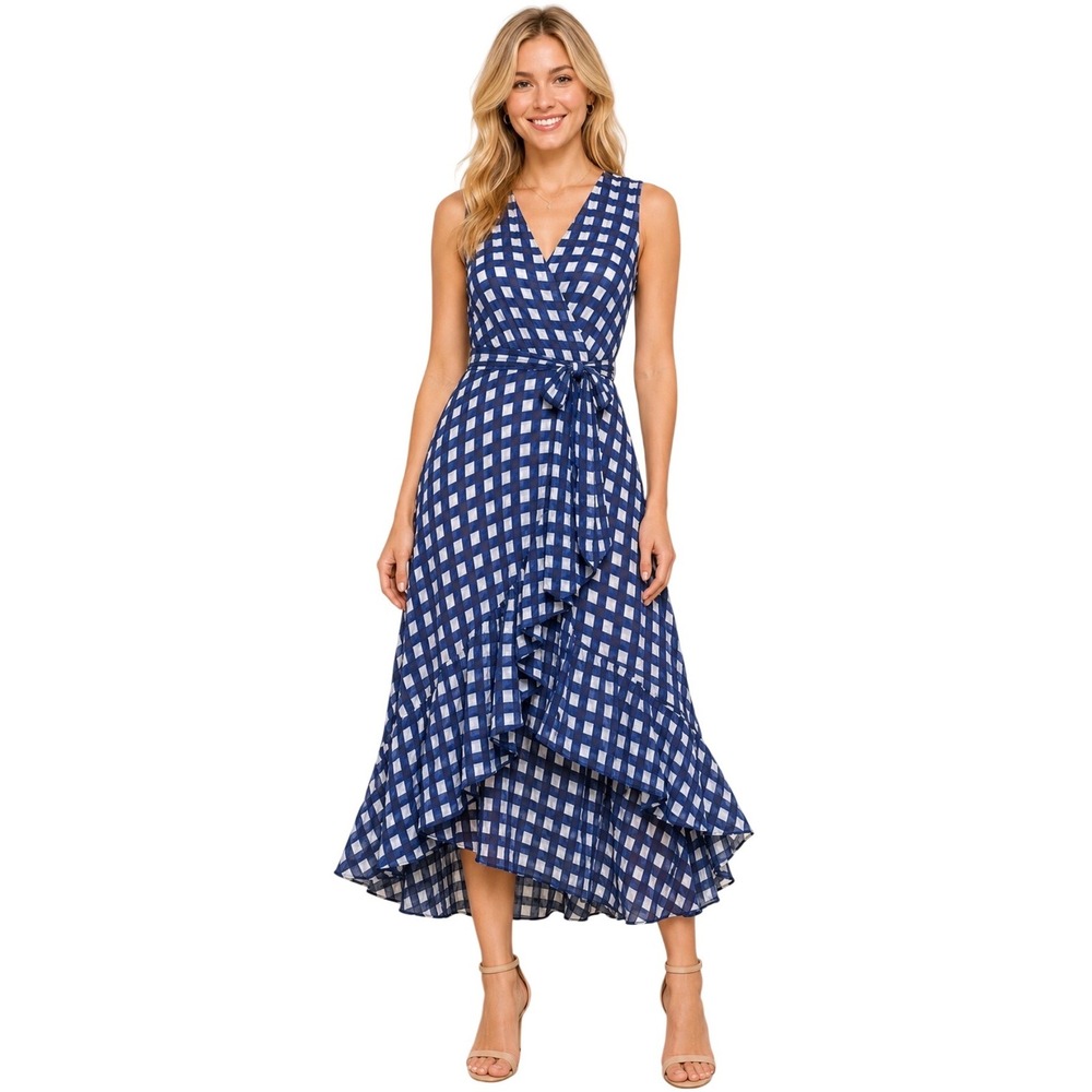 Sleeveless Blue Check Wrap Midi Dress